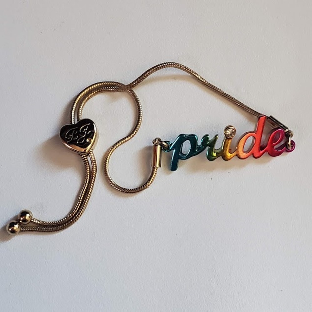 Betsey Johnson Pride Rainbow Script Bracelet Gold Tone Slider Crystal LGBTQ